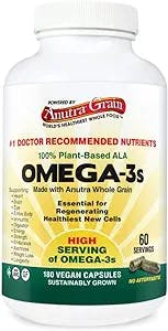 Anutra Omega 3 Supplement - World’s Healthiest Whole Grain Alternative to Fish Oil Algae Flaxseed Krill - Plant Based Heart Brain and Eye Health Support - 180 Vegan Capsules