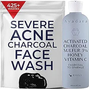 AYADARA Cystic, Hormonal, & Severe Acne Charcoal Face Wash | Prevents Future Breakouts, Inflamed Pores, & Dark Spots | Deep Cleansing Sulfur Acne Facial Cleanser for Oily & Sensitive Skin | 425+ Uses