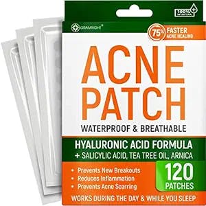 GRAMRIGHT Acne Patches - Natural Hydrocolloid Bandages for Acne Spot Treatment - Cystic Acne Cover Patches with Salicylic, Hyaluronic Acids and Tea Tree Oil - Pimple Patches for Face - 120 Patches