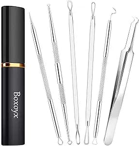 Boxoyx Pimple Popper Tool Kit - 6Pcs Blackhead Remover Comedone Extractor Tool Kit with Metal Case for Quick and Easy Removal of Pimples, Blackheads, Zit Removing, Forehead, Facial and Nose(Silver)
