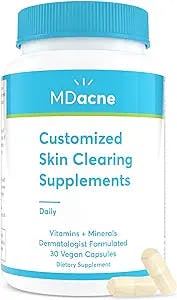 MDacne Vitamins and Minerals Skin Clearing Supplements - 30 Vegan Capsules - Supports Topical Acne Treatment & Reduce Skin Inflammation, Redness & Pore-Clogging - Dermatologist Formulated