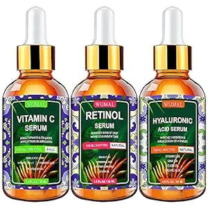 Wumal 3 Pack Serum Set - Vitamin C Serum, Retinol Serum & Hyaluronic Acid Serum - Firming, Brightening & Hydrating - Reset Your Skin Day and Night