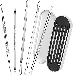 5-in-1 Blackhead Remover Popper Tool Kit with Metal Case, Anti-Allergic Surgical Stainless Steel Needle Comedone Pimple Acne Extractor Whitehead Zit Popping Removal Tool Treatment for Nose Face Skin