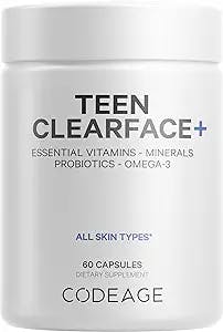 Codeage Teen Clearface Adolescent Face, Skin & Pimples, Vitamins A, C, D3, E, Pantothenic Acid, Niacin, Zinc Supplement Teenagers, Probiotics, L-Lysine, Omega-3, Oily Skin, Pores, Spots - 60 Capsules