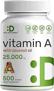 DEAL SUPPLEMENT High Potency Vitamin A 25000 IU, 500 Coconut Oil Softgels | Easily Absorbed, Natural Fish Liver Oil Source – Vitamins for Eye, Immune, & Skin Health – Easy to Swallow, Non-GMO