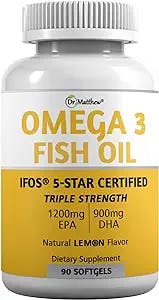 Best Fish Oil Omega 3 with EPA and DHA. Fatty Acid Supplements for Women and Men. 3000mg Triple Strength Pills, iFOS Certified, Vitamin Omega 3. High EPA 1200mg. Wild Caught Pure Omega3 Capsules