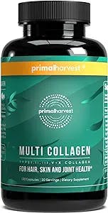 Primal Harvest Multi Collagen Pills for Women and Men (Type I, II, III, V, X) Collagen Supplements for Women and Men, 120 Capsules w/Vitamin C for Hair, Skin, Nails - Collagen Peptides Pills