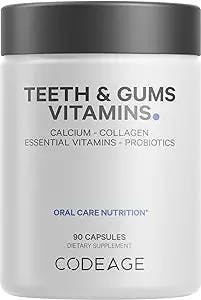 Codeage Teeth & Gums Vitamins + Oral Probiotics Supplement for Mouth - Whole Food Calcium, Collagen, Potassium, Vitamin C, D3, K2, Zinc – Oral Care & Dental Multivitamin Supplements - 90 Capsules