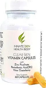 Clear Skin Acne Vitamin Capsules with Pantothenic Acid B5, Zinc Picolinate, Vitex Chasteberry by Innate Skin 60 Count Caps All Natural Complex Nutrition Skin multivitamin Supplement