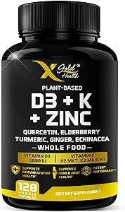 Vitamin D, K2, K1, Zinc, Quercetin, Elderberry, Turmeric, Ginger & Echinacea Whole Food Supplement 8 in 1- D3 5000 IU Plant-Based from Lichen, Vitamin K (K2 MK7, MK4, K1), D3 K2 Vitamins -120 Capsules