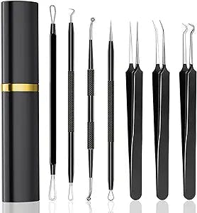 Xesscare Pimple Popper Tool Kit 7 Pcs Blackhead Remover Tool Comedones Tweezers Acne Extractor Blemish Whitehead Removal Tool for Facial, Nose and Forehead (Black)