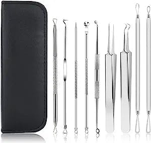 Pimple Popper Tool Kit, UUBAAR 9 PCS Blackhead Remover Tools with Tweezers, 16-Heads Professional Acne Zit Popper Extraction Tools, Whitehead Comedone Pimple Popping Extractor Kit for Facial Nose