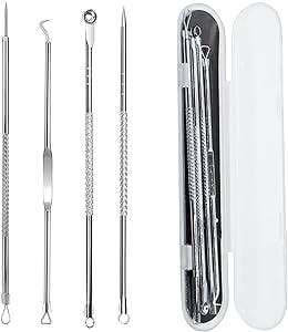 4PCS Blackhead Acne Removal Extractor, Curved Blackhead Tweezers Kit, Professional Stainless Pimple Acne Blemish Removal Tools Kit with Storage Box