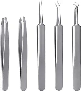 SGNEKOO Professional Facial Milia Removal Tool and Blackhead Extractor,Eyebrow Tweezers and Hair Root Remover 5pcs Set with Case,Whitehead,Blemish,Zit and Pimple Acne Popper (JMJK5P)