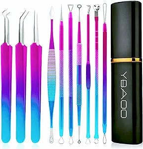 Blackhead Remover Extractor Tool, Ybaoo 10 Pcs Professional Surgical Pimple Popper Tool Kit with Metal Case for Quick and Easy Removal of Blackheads,Pimples,Zit Removing,Facial and Nose(Colorful)