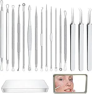 Xesscare Latest Pimple Popper Tool Kit, 16 Pcs Blackhead Remover Tool, Comedone Extractor Acne Removal Kit, Professional Whitehead Tweezers with Metal Case for Facial, Nose and Forehead (Silver-1)