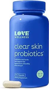 Love Wellness Clear Skin Probiotic, 30 Capsules - Probiotics to Clear Up Acne Pimples, Reduce Pores for Healthy & Hydrated Skin - Bifidobacterium Longum & Chaste Tree Fruit Extract - Safe & Effective