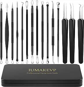 Pimple Popper Tool Kit, IUMAKEVP 15 PCS Professional Stainless Steel Blackhead Remover Comedone Extractor Tools for Removing Pimples, Blackheads, Zit on Face - Acne Removal Kit with Metal Case (Black)