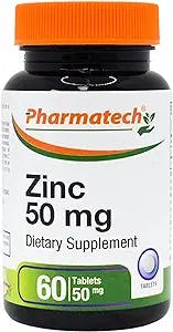 Zinc 50 mg, Immune Support Supplement, Elemental Zinc Chelated Gluconate, Mineral Antioxidant for Man and Woman Health, Acne, Easy to Swallow, 60 Tablets, by Pharmatech®