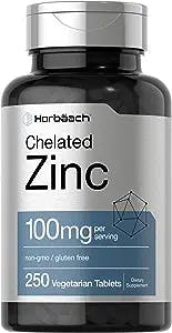 Chelated Zinc Supplement 100mg | 250 Tablets | High Potency & Superior Absorption | Vegetarian, Non-GMO, Gluten Free | by Horbaach