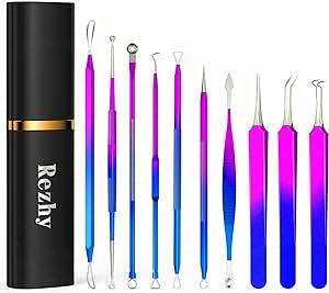 Pimple Popper Tool Kit, Rezhy 10 Pcs Blackhead Remover Comedone Extractor, Pimple Extractors Blackhead Extractor Kit for Acne Blemish Removal with Metal Case (Multicolor)