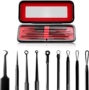 Takibird Blackhead Remover Pimple Popper Tool Kit Acne Comedone Zit Blackhead Extractor Tool for Face&Nose, Blemish Whitehead Extraction Popping for Man&Women,Leather Metal Box(5Pcs)