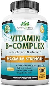 Vitamin B Complex with Vitamin C and Folic Acid - B12, B1, B2, B3, Vitamin B5 Pantothenic Acid, B6, B7, B9 - Nervous System Support & Supports Energy Metabolism Non-GMO- 100 Veggie Capsules