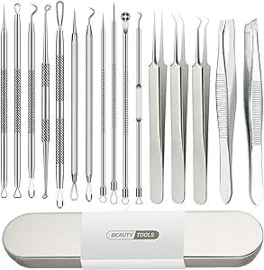 Pimple Popper Tool Kit, Blackhead Remover, 16 PCS Professional Stainless Tweezers Acne Tools Comedone Extractor Pimple Needle Tool for Blemish Whitehead Ingrown Hair Cyst Removal Beauty Tools for Face