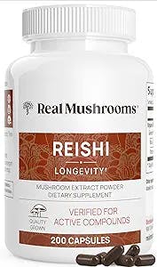 Real Mushrooms Reishi Capsules - Organic Mushroom Extract Supplement with Potent Red Reishi Mushroom for Longevity, Mood, Sleep, & Immune Support - Vegan Mushroom Supplement, Non-GMO, 200 Caps