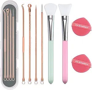 4Pcs Blackhead Remover Pimple Popper Tool Kit Blemish Comedone Extractor - 2 Face Mask Brush - 2 Powder Puff, Professional Skin Care Tools for Nose Face Pore Clean Facial Mud Mask DIY Makeup Kit