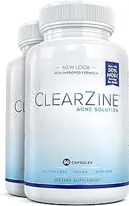 ClearZine Acne Pills for Teens & Adults (2 Bottles) | Clear Skin Supplement, Vitamins for Hormonal & Cystic Acne | Stop Breakouts, Oily Skin with Milk Thistle, Pantothenic Acid & Zinc, 90 Caps Each