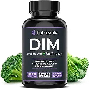 Nutrica Life DIM Supplement 300mg - Diindolylmethane with Broccoli & BioPerine - Hormone Balance Support for Women & Men, Estrogen Metabolism, Menopause Relief & Hormonal Acne Control - 90 Vegan Caps