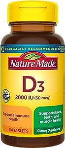 Nature Made Vitamin D3 2000 IU (50 mcg), Dietary Supplement for Bone, Teeth, Muscle and Immune Health Support, 100 Tablets, 100 Day Supply