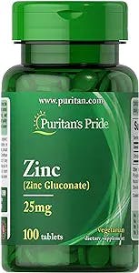 Puritan's Pride Zinc 25 Mg to Support Immune System Health Tablets, White, 100 Count