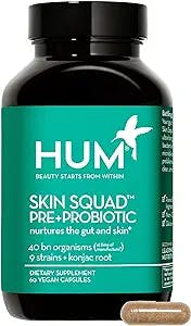 HUM Skin Squad - Vegan Clear Skin Supplement - Prebiotic Konjac Root & 9 Strain Probiotic Blend for Decreased Breakouts & Glowing Even Skin Tone (60 Capsules)