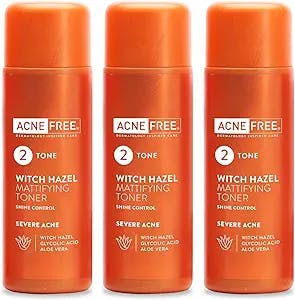 Acne Free Witch Hazel Mattifying Toner with Glycolic Acid and Aloe Vera for Severe Acne, 4 Ounces (Pack of 3)