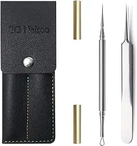 SGNEKOO Professional Facial Milia Removal Tool and Whitehead Extractor,Titanium Alloy Double Ended Needle and Steel Tweezers Kit,Blackhead,Blemish,Zit and Pimple Acne Remover Popper (TR504IN-G)