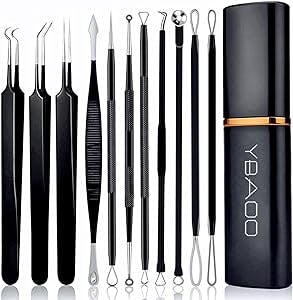 Pimple Popper Tool Kit 11 Pcs, Ybaoo Blackhead Remover Pimple Extractor Tools with Metal Case for Quick and Easy Removal of Blackheads,Pimples,Whiteheads,Zit Popper,Forehead,Facial and Nose (Black)