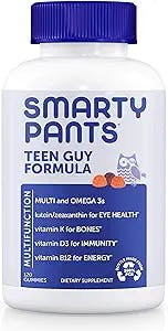 SmartyPants Teen Guy Formula, Daily Multivitamin Gummies: Vitamins C, B12, K, Zinc, & Biotin for Immune Support, Energy, Skin & Hair Support, Assorted Fruit Flavor, 120 Gummies (30 Day Supply)