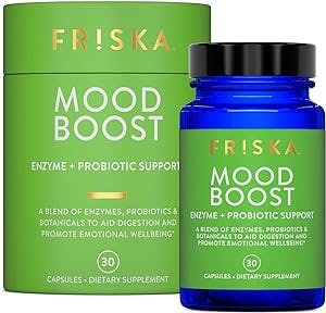 FRISKA Mood Boost | Digestive Enzyme and Probiotic Supplement with L.Theanine and Lemon Balm Extract | Stress Support | 30 Capsules