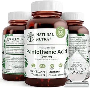 Natural Nutra Time Release Pantothenic Acid 500 mg, Vitamin B5 Supplement for Adrenal Support, Helps Break Down Fat and Carbohydrates, Metabolism and Energy, 60 Vegetarian Tablets