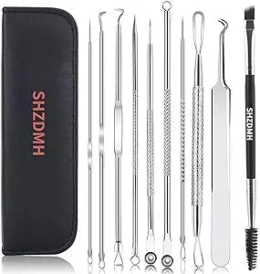 9PCS Blackhead Remover Comedone Extractor, Pimple Extractors Extractor Kit, Popper Extraction Tool Loop Curved Tweezers with free double-headed eyebrow brush