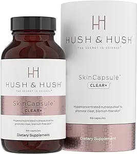 Hush & Hush SkinCapsule™ Clear+ - Clear Skin Supplement - Reduce Oily Skin, Calms Pimples & Breakouts - Immune Support with Vitamin A, Zinc, Pantothenic Acid & Turmeric | Vegan - 60 Capsules