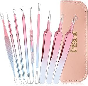 Kresecioo 9 PCS Blackhead Remover Tools, Pimple Popper Tool Kit, Acne Tools Extractor Kit Professional for Nose Face, Blemish Whitehead Zit Popping Tool with Portable Leather Bag(Pink)