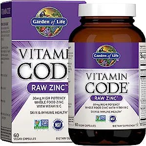 Garden of Life Zinc Supplements 30mg High Potency Raw Zinc and Vitamin C Multimineral Supplement, Vitamin Code Vitamins Trace Minerals & Probiotics for Skin Health & Immune Support, 60 Vegan Capsules