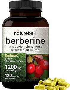 NatureBell Berberine HCL 1200mg | 120 Capsules - with True Ceylon Cinnamon & Bitter Melon, 97% Purity | Third Party Tested, Wild Harvest - High Bioavailable Berberine Supplement
