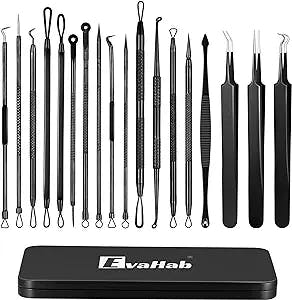 19 Pcs Blackhead Remover Pimple Popper Tool Kit,Professional Blackhead Extractor Tool for Nose Face, Stainless Comedone Extractor, Blemish Whitehead Popping Tool with Portable Metal Case (Black)