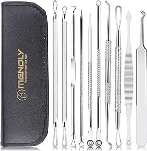 MENOLY Pimple Popper Tool Kit, 10 Pcs Blackhead Remover Zit Popper Tools for Blemish, Pimple Comedone Extractor Acne Tool for Nose Face with a Leather Bag