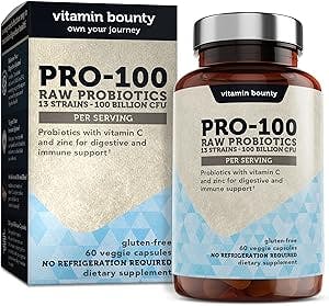Vitamin Bounty 100 Billion CFU 13 Strains, Raw Probiotics with Vitamin C & Zinc for Immune Support, Gut & Digestive Health, with Delayed Release Embocaps - Pro-100
