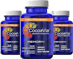 CocoaVia Memory+ Brain Supplement, 90 Day, 750 mg Cocoa Flavanols, Memory & Brain Booster, Vegan, Plant Based, Gluten Free, 270 Capsules